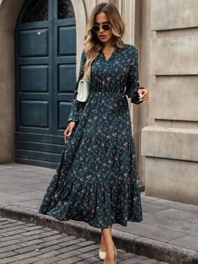 SHEIN Dark Teal Floral V-Neck Long Sleeve Maxi Dress